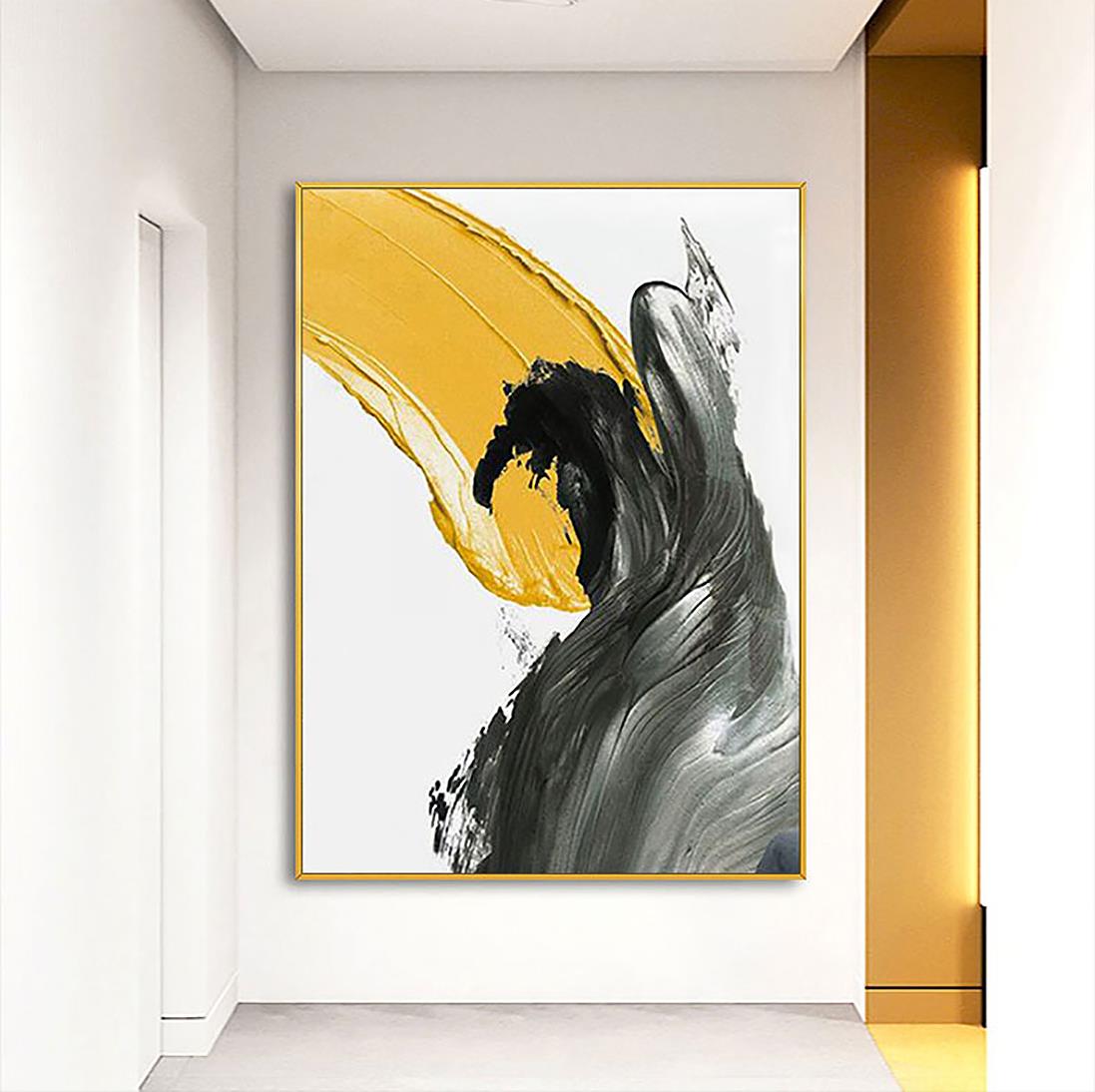 パレットナイフウォールアートミニマリズムによるブラシストロークブラックイエローアブストラクト油絵